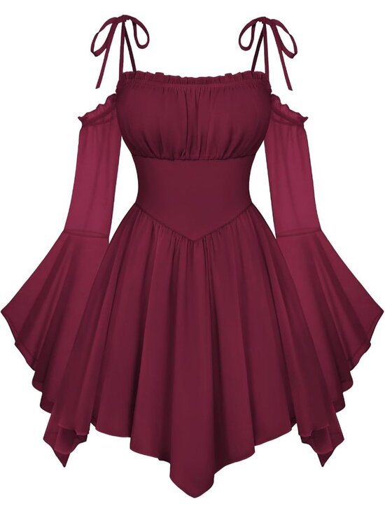 Dresses & Skirts - Women's Wine Off Shoulder Fairy A LINE Boho Corset With Pockets Dress